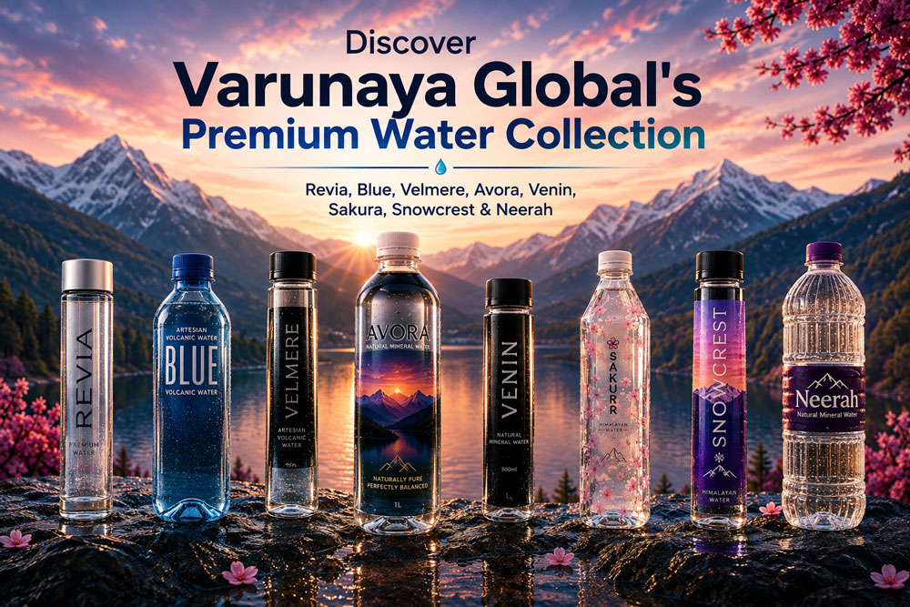 Discover Varunaya Global’s Premium Water Collection | Revia, Blue, Velmere, Avora, Venin, Sakura, Snowcrest & Neerah